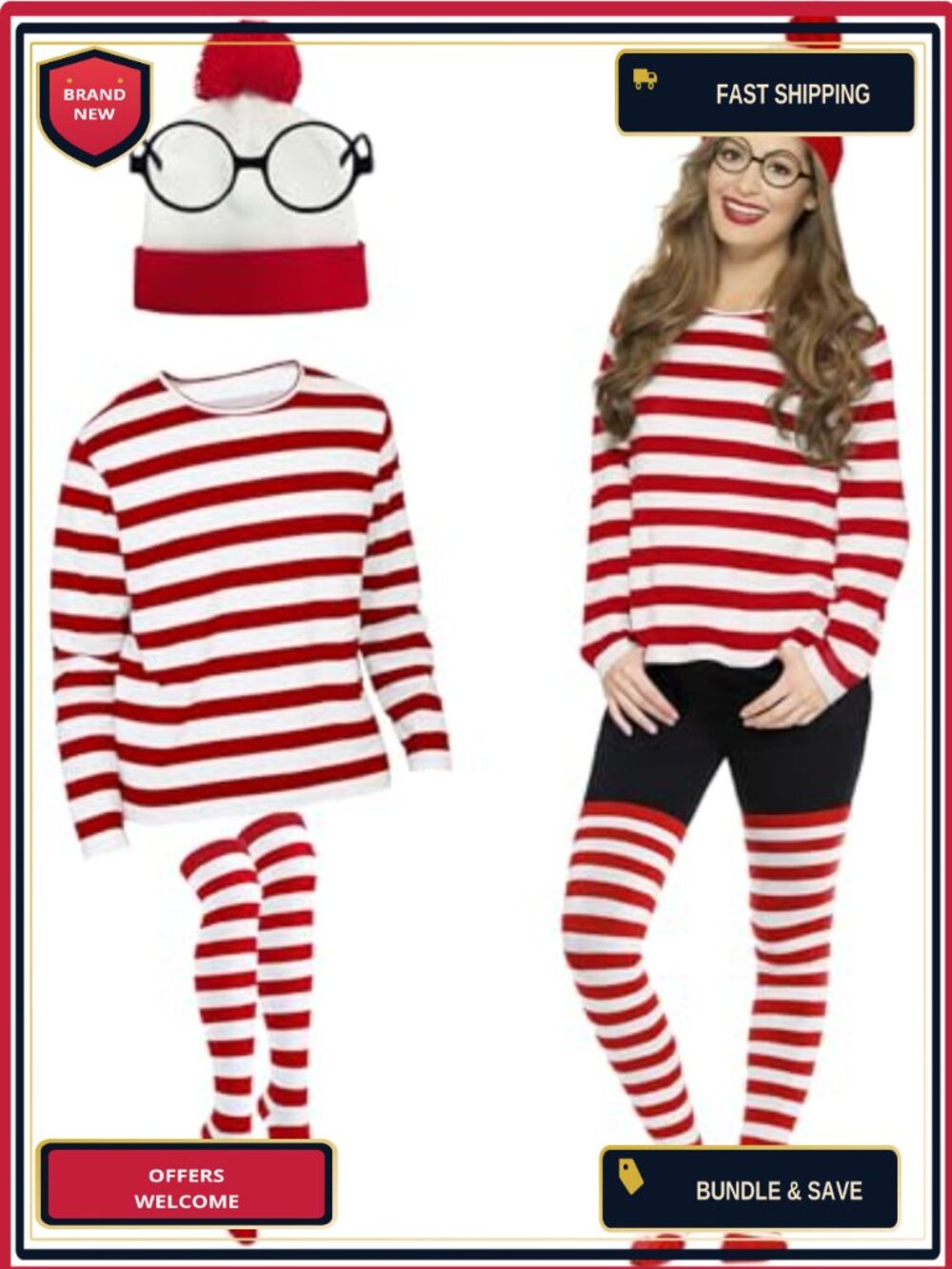 Red White Striped T-Shirt Deluxe Adult Halloween Cosplay Costume Outfit